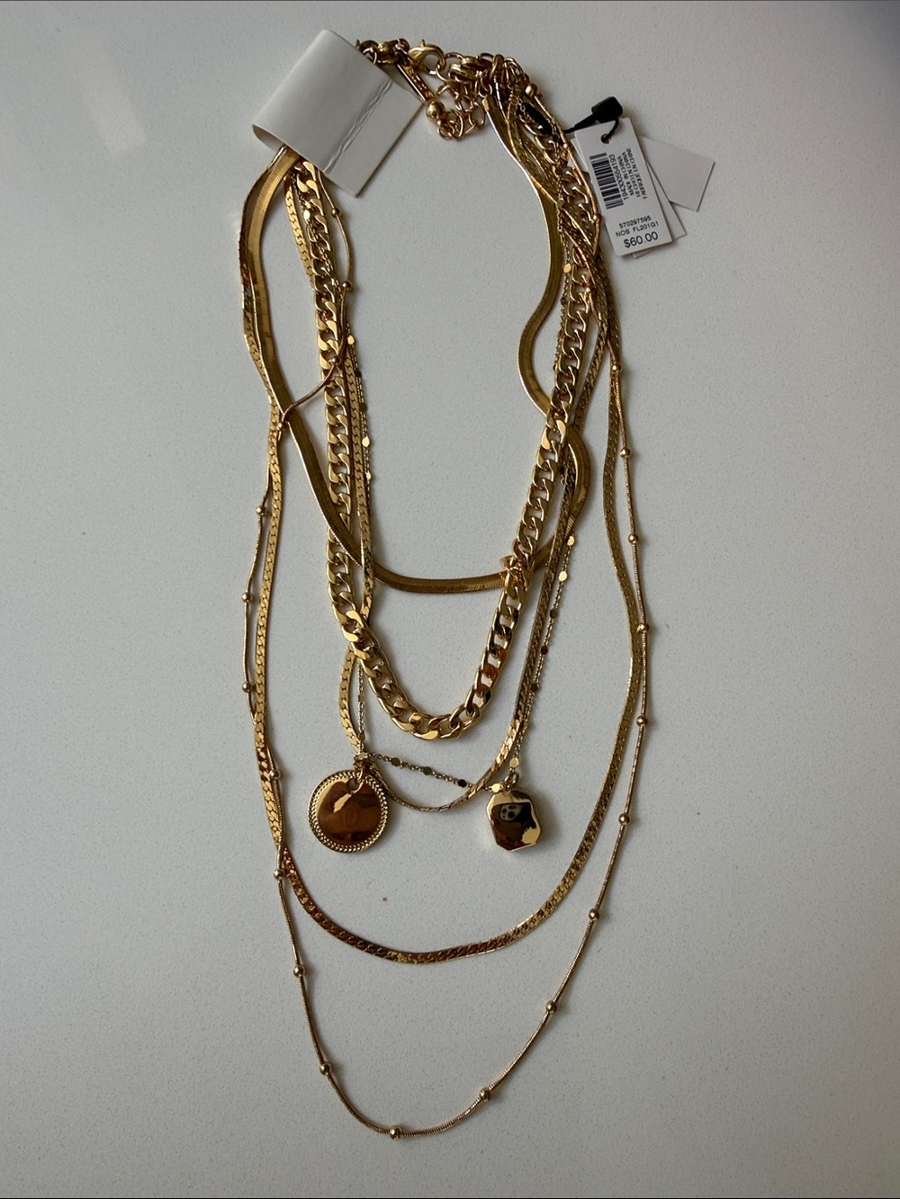 White House Black Market Gold Multi-Layer Necklace with White Cube Charms